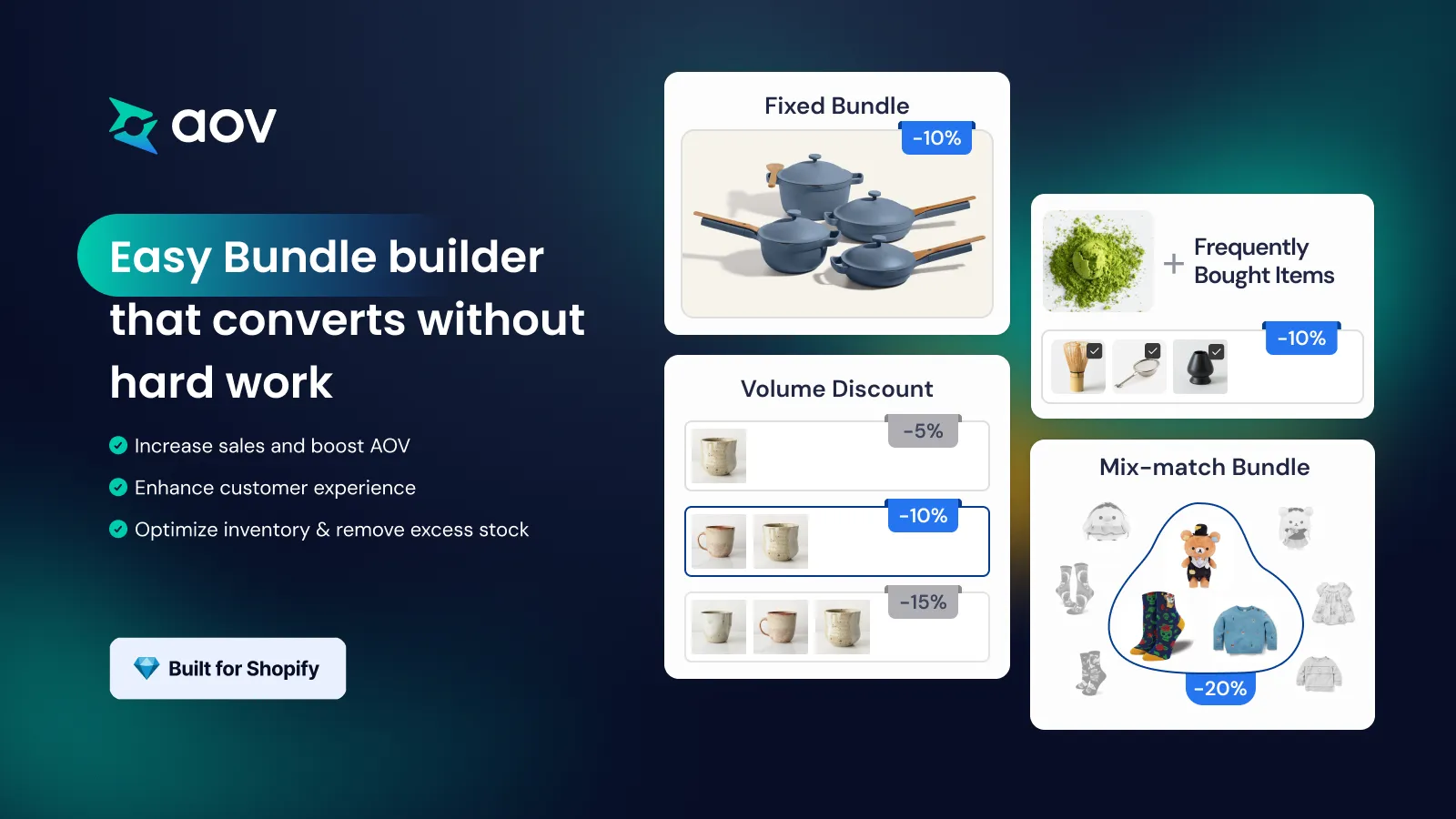 
 Avada AOV Shopify increases sales through fixed, mix-match, volume discount, and frequently bought item bundles.

